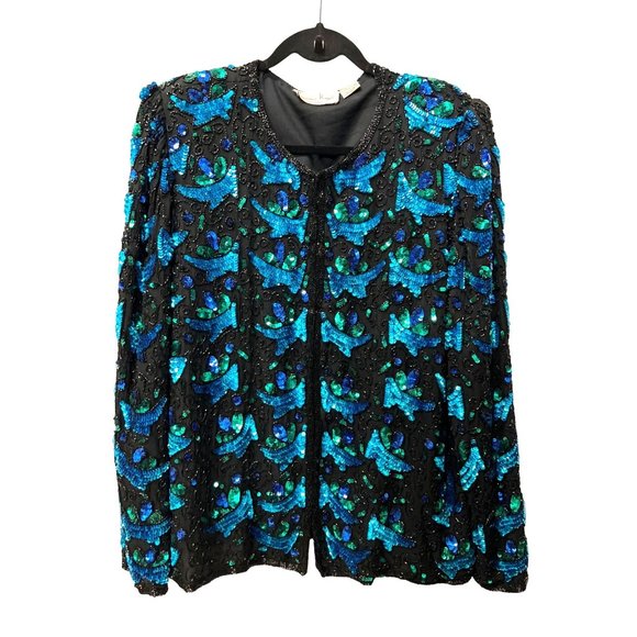 80’s Black Green and Red Sequin Bow Jacket by Laurence Kazar New York